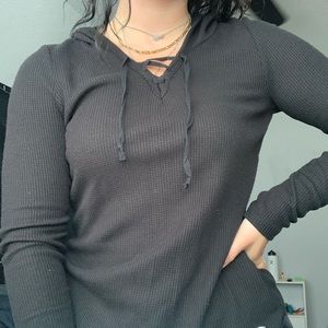 Black hooded long sleeve top
